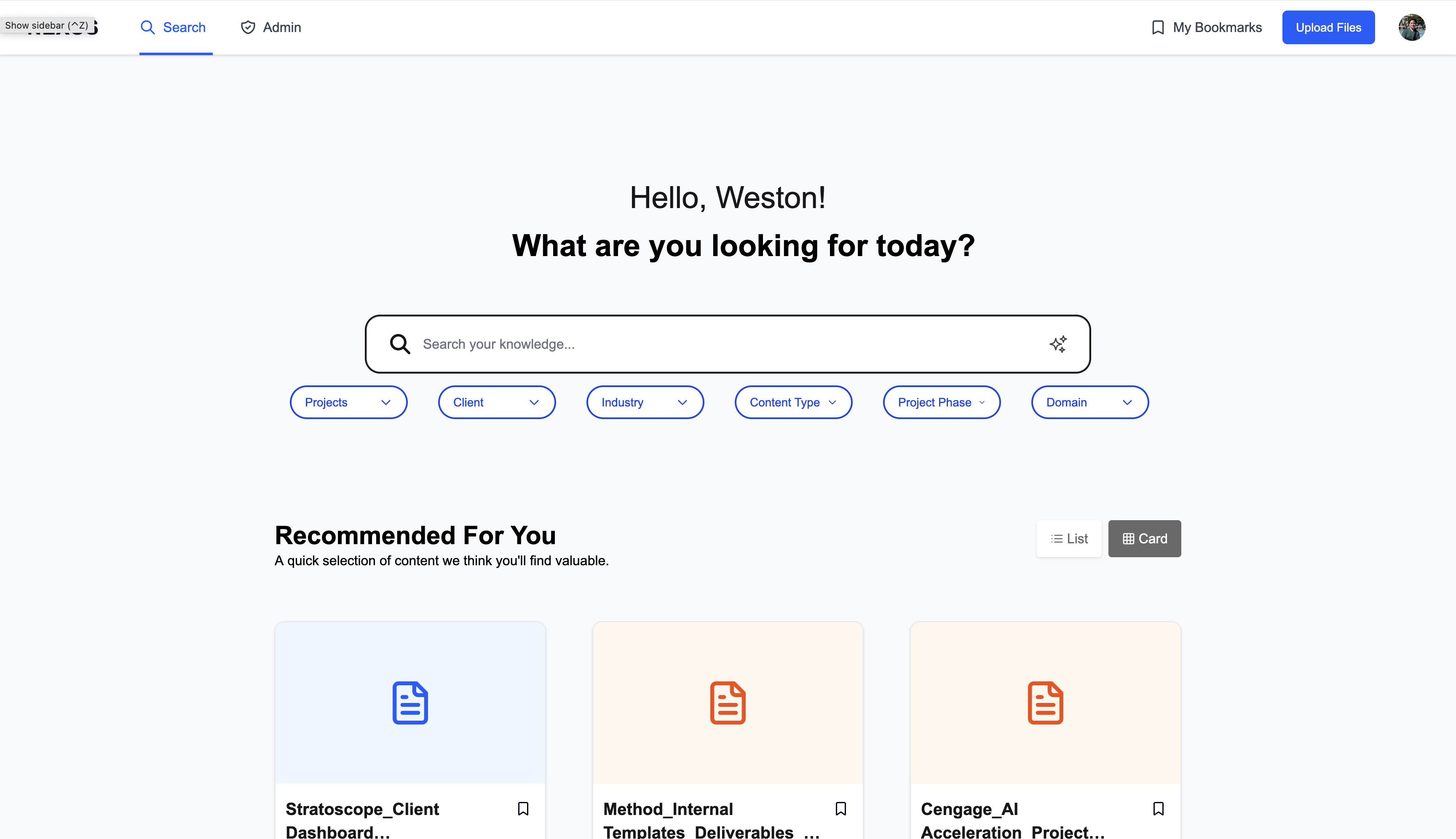 NEXUS search interface with card-based results